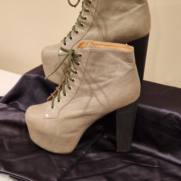 Excellent US8.5Jeffrey Campbell Platform LaceUp Boot LITA Greenish Khaki - Picture 9 of 13